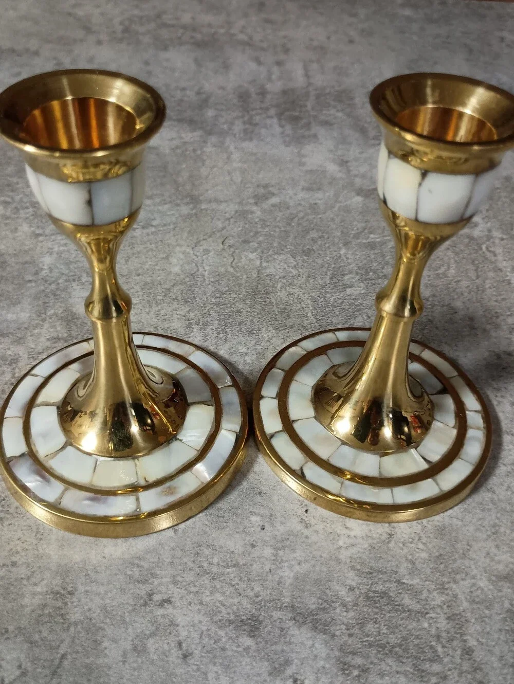 Brass and White Inlaid Candle Holders - Elegant Home Accent